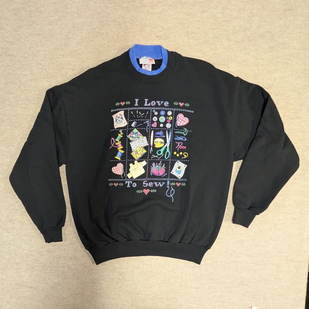 Vintage Black 'I Love to Sew' Graphic 90s Double Collar Sweatshirt Size XL